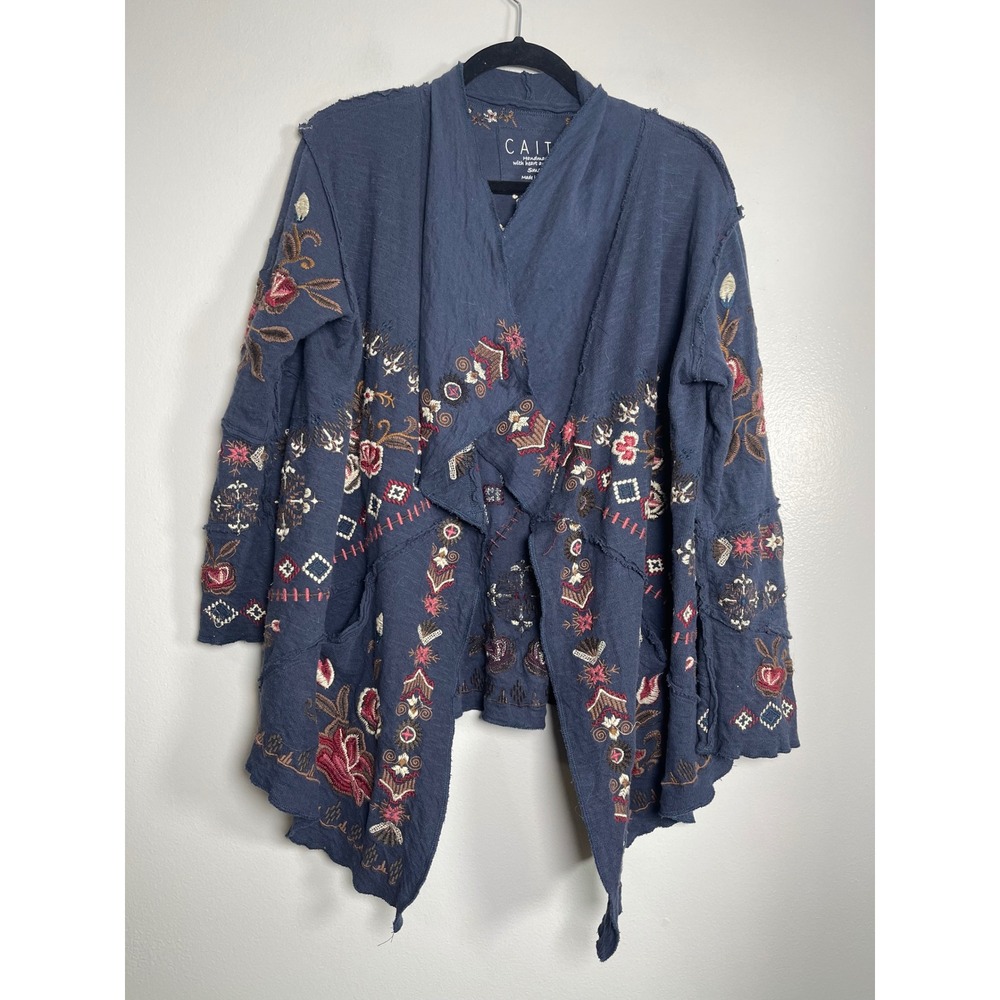 CAITE Embroidered Open Front Drape Cardigan Jacket Small Navy Blue Boho Bohemian